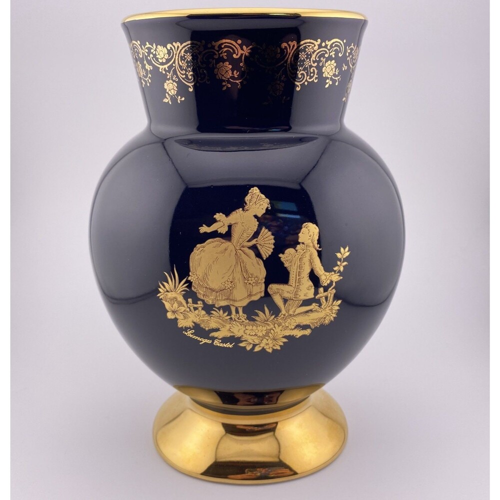 Limoges Castel France Cobalt Blue & 22K Gold Gilded Porcelain Vase